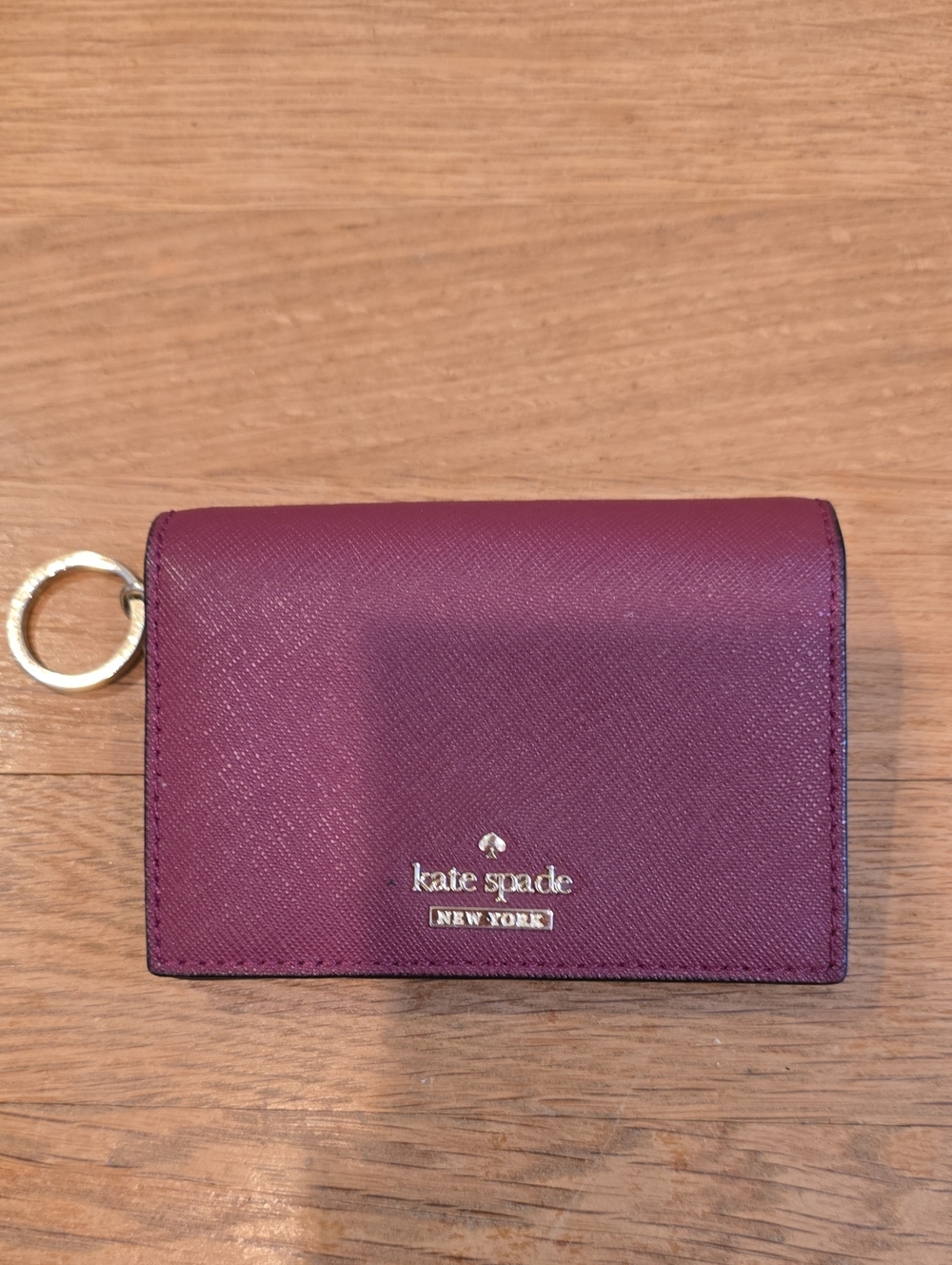 Kate Spade Plum Saffiano Leather Compact Wallet with Gold Logo & Key Ring - Picture 2 of 6